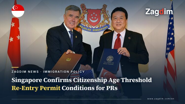 Singapore's Immigration & Checkpoints Authority (ICA) Commissioner at an official signing ceremony, with the Singapore state crest and national flag in the background