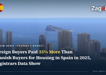 Benidorm coastal apartment-tower skyline on Spain's Costa Blanca, a typical foreign-buyer property hotspot on the Mediterranean coast
