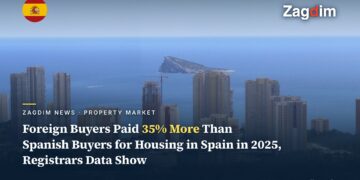 Benidorm coastal apartment-tower skyline on Spain's Costa Blanca, a typical foreign-buyer property hotspot on the Mediterranean coast
