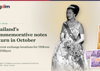 1960 archive photo of Queen Sirikit at a gala concert in The Hague, with Bank of Thailand specimens of the THB100 and THB500 commemorative notes