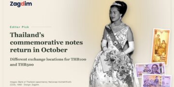 1960 archive photo of Queen Sirikit at a gala concert in The Hague, with Bank of Thailand specimens of the THB100 and THB500 commemorative notes