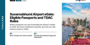 Bangkok Aerial — Chao Phraya dusk, illustrating Suvarnabhumi Airport eGate: Eligible Passports and TDAC Rules