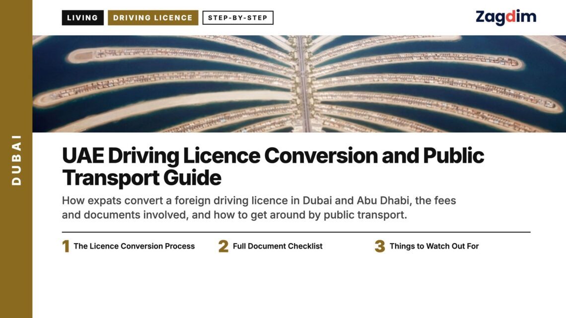 Aerial — Overhead aerial view of Palm Jumeirah island, illustrating UAE Driving Licence Conversion and Public Transport Guide