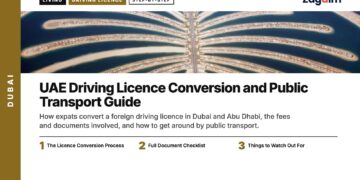 Aerial — Overhead aerial view of Palm Jumeirah island, illustrating UAE Driving Licence Conversion and Public Transport Guide