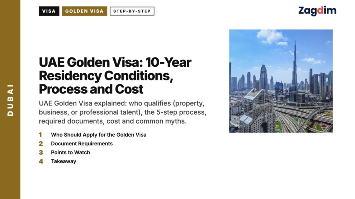 Aerial — Downtown Dubai skyline above Sheikh Zayed Road interchange, illustrating UAE Golden Visa: 10-Year Residency Conditions, Process and Cost