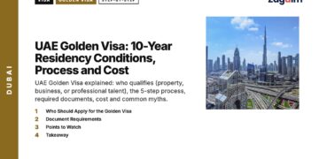 Aerial — Downtown Dubai skyline above Sheikh Zayed Road interchange, illustrating UAE Golden Visa: 10-Year Residency Conditions, Process and Cost