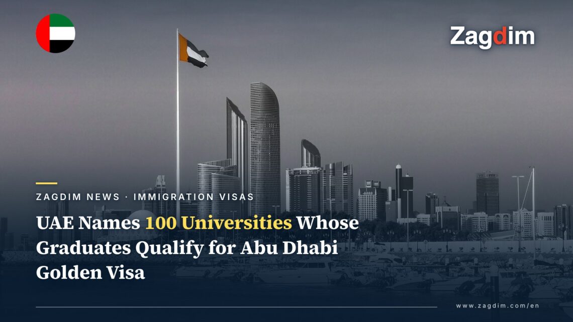 Abu Dhabi skyline with the UAE national flag, as the Golden Visa university-graduate pathway is expanded to 100 named universities