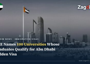 Abu Dhabi skyline with the UAE national flag, as the Golden Visa university-graduate pathway is expanded to 100 named universities