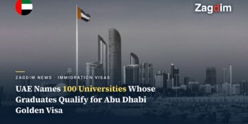 Abu Dhabi skyline with the UAE national flag, as the Golden Visa university-graduate pathway is expanded to 100 named universities