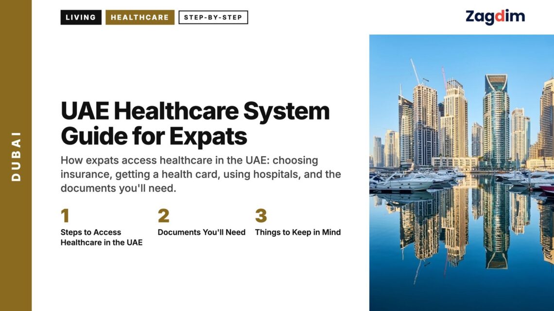 Skyline — Dubai Marina towers reflected in water by footbridge, illustrating UAE Healthcare System Guide for Expats