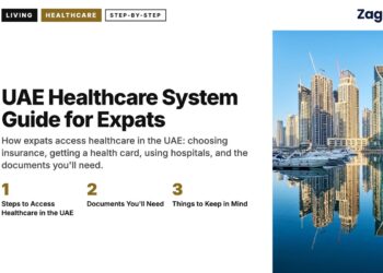 Skyline — Dubai Marina towers reflected in water by footbridge, illustrating UAE Healthcare System Guide for Expats