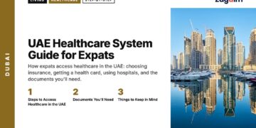Skyline — Dubai Marina towers reflected in water by footbridge, illustrating UAE Healthcare System Guide for Expats