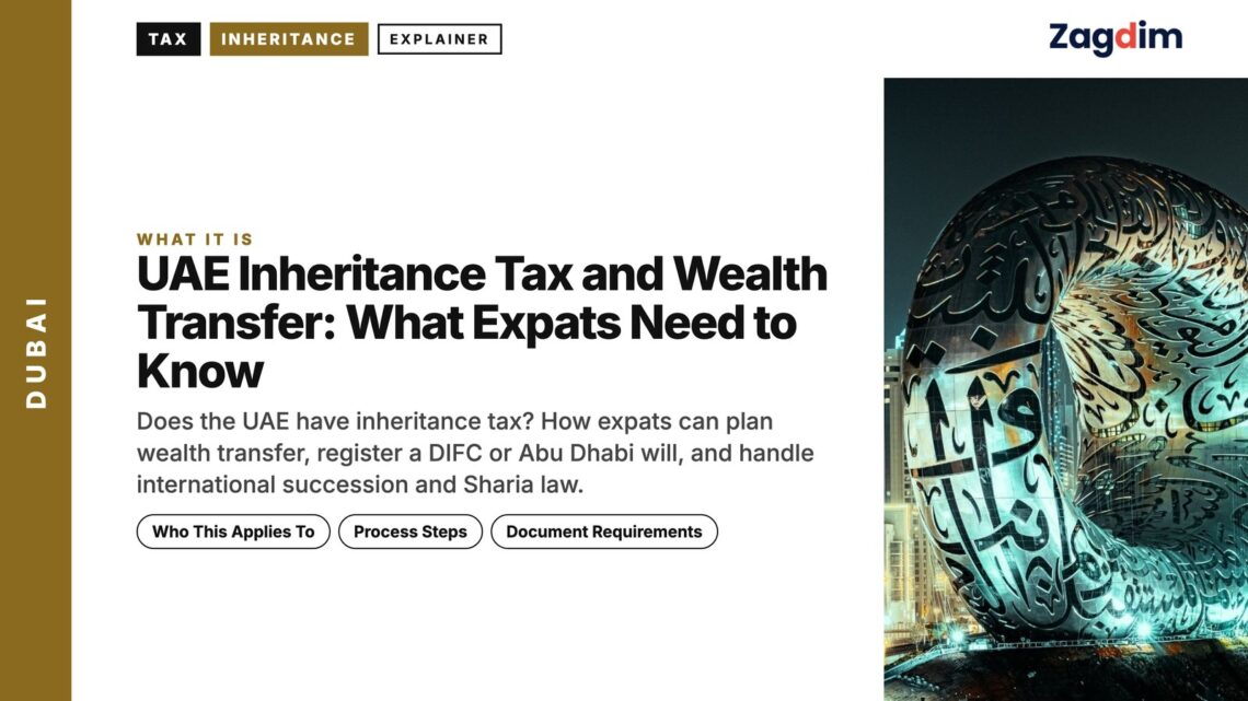 Landmark — Illuminated sculpture with Arabic calligraphy at night, illustrating UAE Inheritance Tax and Wealth Transfer: What Expats Need to Know
