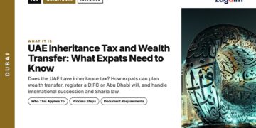 Landmark — Illuminated sculpture with Arabic calligraphy at night, illustrating UAE Inheritance Tax and Wealth Transfer: What Expats Need to Know
