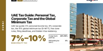 Street — Older Dubai street with shops bus and traffic signs, illustrating UAE Tax Guide: Personal Tax, Corporate Tax and the Global Minimum Tax