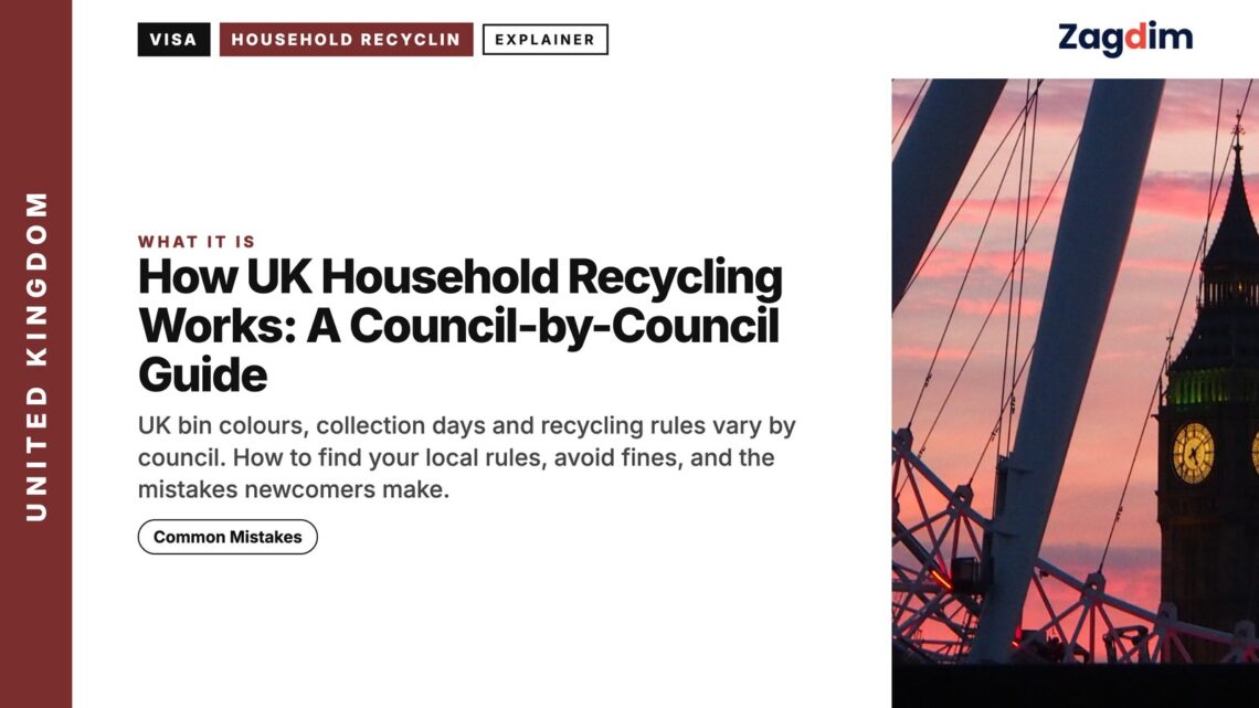Construction crane and Big Ben at sunset, illustrating How UK Household Recycling Works: A Council-by-Council Guide