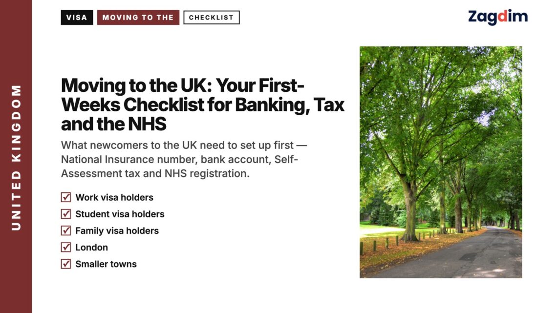 Tree-lined park path, illustrating Moving to the UK: Your First-Weeks Checklist for Banking, Tax and the NHS