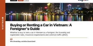 Skyline — Ho Chi Minh City night skyline with reflections, illustrating Buying or Renting a Car in Vietnam: A Foreigner's Guide