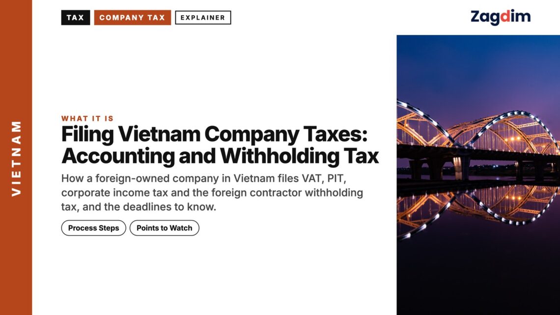 Night — Illuminated bridge at dusk reflected in river, illustrating Filing Vietnam Company Taxes: Accounting and Withholding Tax