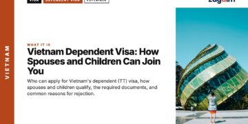 Architecture — Woman photographing curved glass modern building, illustrating Vietnam Dependent Visa: How Spouses and Children Can Join You