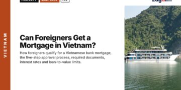 Harbour — Small cruise ship crossing calm Ha Long Bay, illustrating Can Foreigners Get a Mortgage in Vietnam?