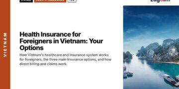 Aerial — Ha Long Bay karst islands with boats, illustrating Health Insurance for Foreigners in Vietnam: Your Options