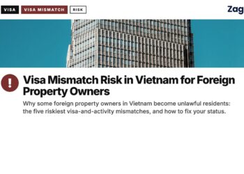 Architecture — Glass skyscraper viewed from below, blue sky, illustrating Visa Mismatch Risk in Vietnam for Foreign Property Owners