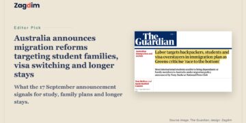 A cropped news headline about Australia’s 17 September migration announcement alongside Zagdim’s analysis title.