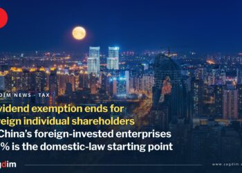 China dividend tax for foreign individuals cover — night city skyline with moon, headline reading dividend exemption ends for foreign individual shareholders