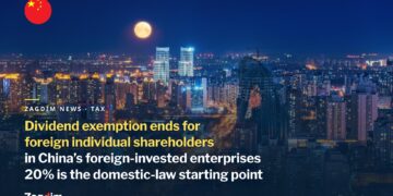 China dividend tax for foreign individuals cover — night city skyline with moon, headline reading dividend exemption ends for foreign individual shareholders