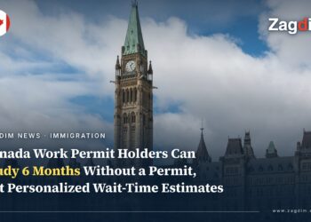 Centre Block, Parliament Hill, Ottawa — symbolizing the Government of Canada, alongside news of the work-permit study exemption and personalized processing-time estimates