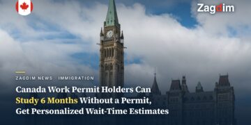 Centre Block, Parliament Hill, Ottawa — symbolizing the Government of Canada, alongside news of the work-permit study exemption and personalized processing-time estimates