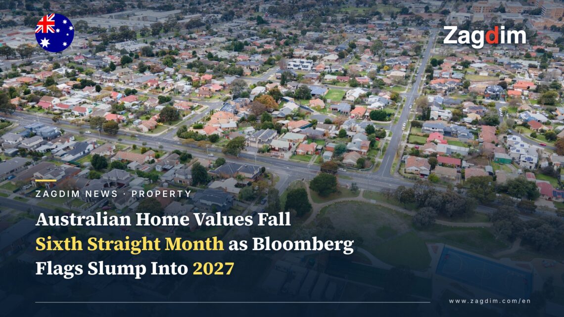 Aerial view of suburban Melbourne rooftops, illustrating Australia's sixth straight month of falling home values