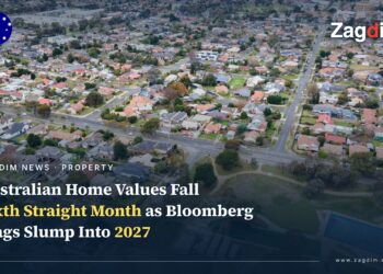 Aerial view of suburban Melbourne rooftops, illustrating Australia's sixth straight month of falling home values