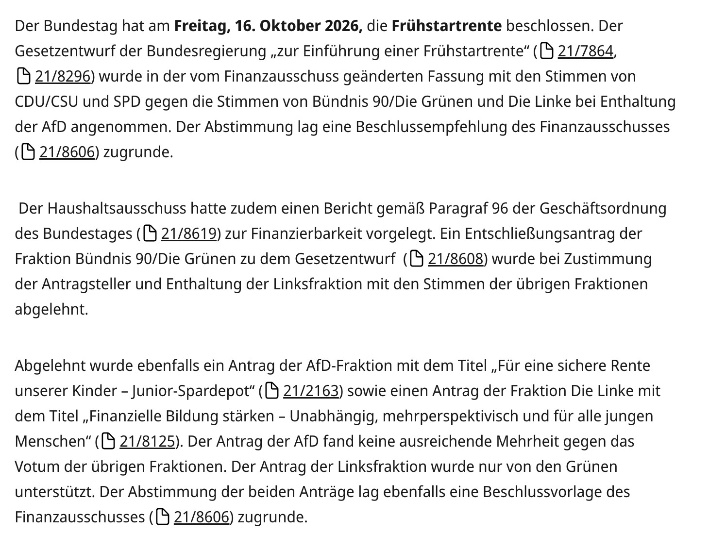 Bundestag text archive: the explanation of the 16 October 2026 vote passing the early start pension bill