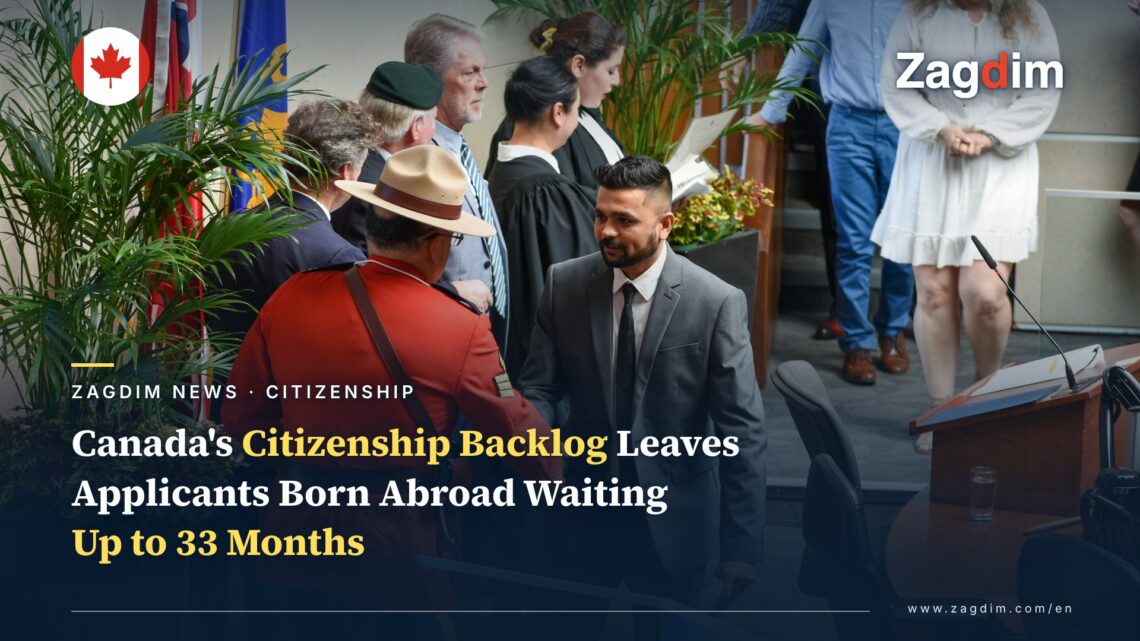 File photo of a Canadian citizenship ceremony: an RCMP officer in red serge greets a newly sworn-in citizen, illustrating Canada's citizenship certificate backlog