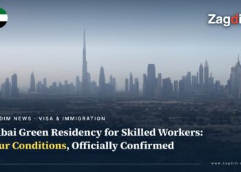 Dubai skyline with Burj Khalifa behind Zagdim News headline on the Green Residency skilled-worker eligibility conditions