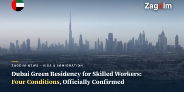 Dubai skyline with Burj Khalifa behind Zagdim News headline on the Green Residency skilled-worker eligibility conditions
