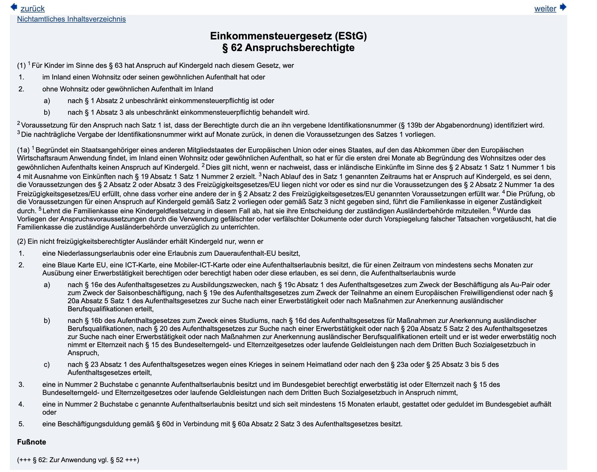 Section 62 of the Income Tax Act on the Federal Ministry of Justice's legal information site, listing the residence permits that give access to child benefit