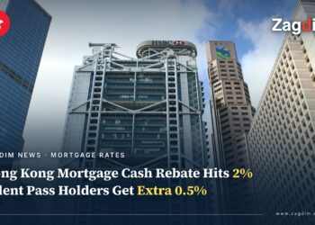 Street-level view of the HSBC Main Building and Standard Chartered tower in Central, Hong Kong, with headline 'Hong Kong Mortgage Cash Rebate Hits 2%, Talent Pass Holders Get Extra 0.5%'
