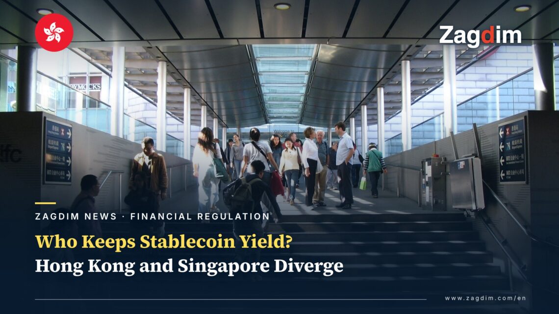 Real photo of the walkway toward Hong Kong's Two International Finance Centre, overlaid with the Hong Kong / Singapore stablecoin yield regulation headline