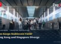 Real photo of the walkway toward Hong Kong's Two International Finance Centre, overlaid with the Hong Kong / Singapore stablecoin yield regulation headline