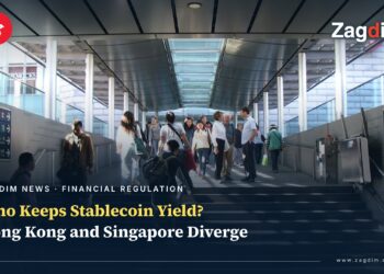 Real photo of the walkway toward Hong Kong's Two International Finance Centre, overlaid with the Hong Kong / Singapore stablecoin yield regulation headline
