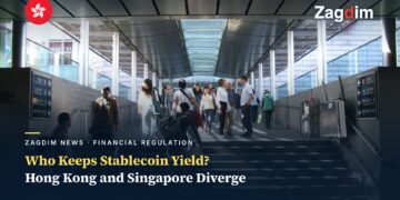Real photo of the walkway toward Hong Kong's Two International Finance Centre, overlaid with the Hong Kong / Singapore stablecoin yield regulation headline