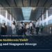 Real photo of the walkway toward Hong Kong's Two International Finance Centre, overlaid with the Hong Kong / Singapore stablecoin yield regulation headline