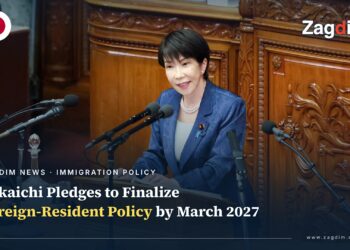 Japanese PM Sanae Takaichi delivers her policy speech at the Diet's plenary session, standing at the chamber's carved wooden podium