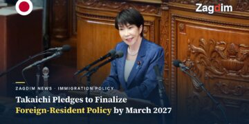 Japanese PM Sanae Takaichi delivers her policy speech at the Diet's plenary session, standing at the chamber's carved wooden podium