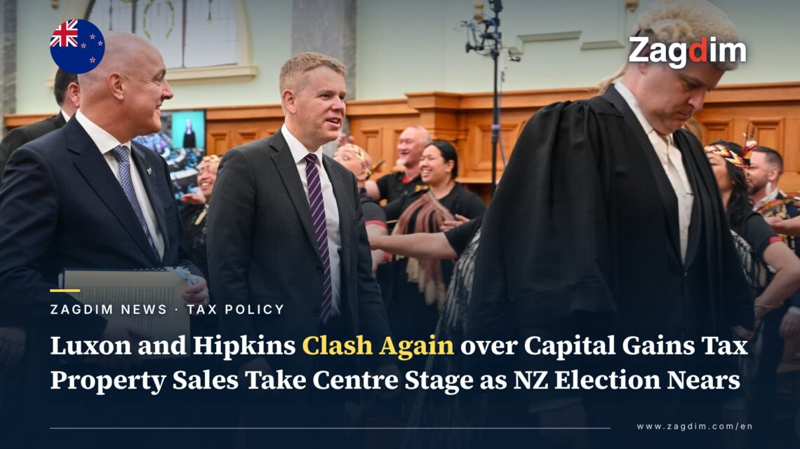 File photo of New Zealand Prime Minister Christopher Luxon and Labour leader Chris Hipkins together at the 2023 State Opening of the 54th Parliament, illustrating a story on the two men clashing again over capital gains tax in the 2026 election debate