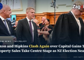 File photo of New Zealand Prime Minister Christopher Luxon and Labour leader Chris Hipkins together at the 2023 State Opening of the 54th Parliament, illustrating a story on the two men clashing again over capital gains tax in the 2026 election debate