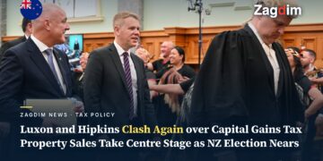 File photo of New Zealand Prime Minister Christopher Luxon and Labour leader Chris Hipkins together at the 2023 State Opening of the 54th Parliament, illustrating a story on the two men clashing again over capital gains tax in the 2026 election debate